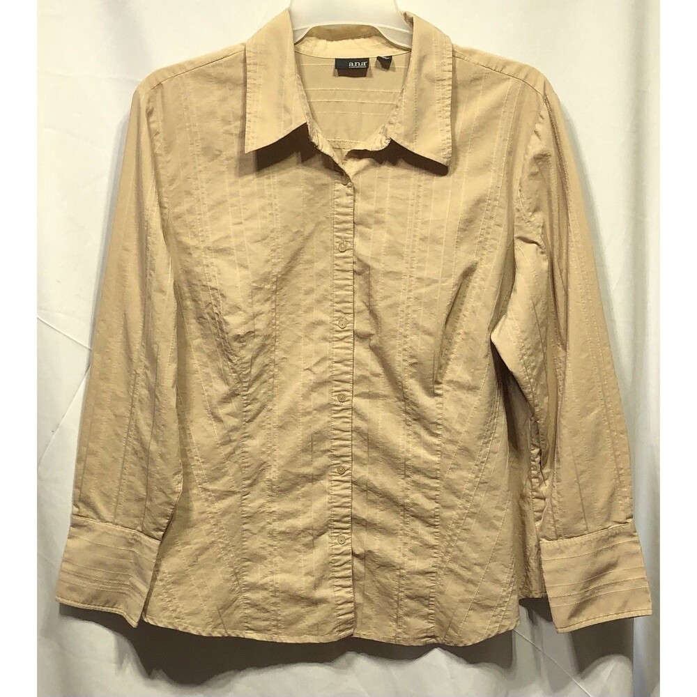 Ana Button Up Top Blouse 3X Tan Stripe Long Sleeve Collar Work Career Office